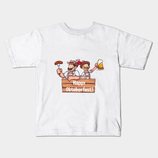 Happy Oktoberfest Bavarian Men With Sign Kids T-Shirt